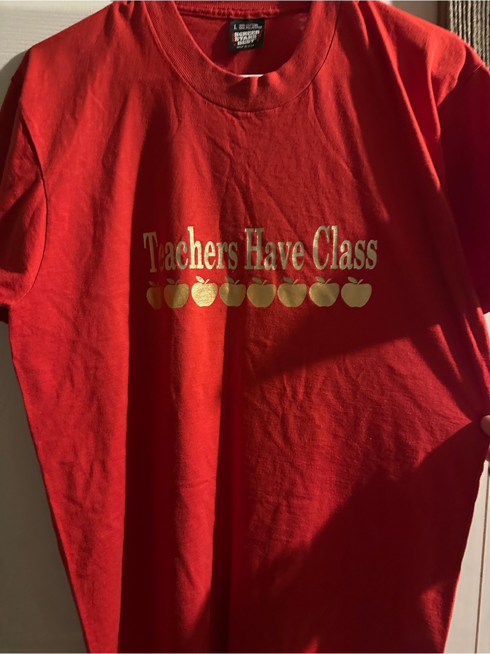 Screen Stars Red Tee with Gold "Teachers Have Class" Graphic